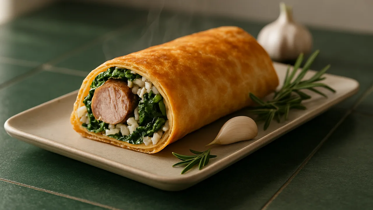 Schweinefilet Wrap mit Spinat und Reis aus dem Airfryer mit Schweinefilet und Knoblauchzehe, auf dunkelgrünen Fliesen …