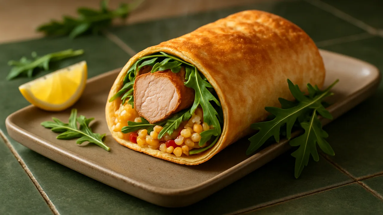 Schweinefilet Wrap mit Rucola und Bulgur aus dem Airfryer mit Schweinefilet und Bulgur, auf dunkelgrünen Fliesen angerichtet.