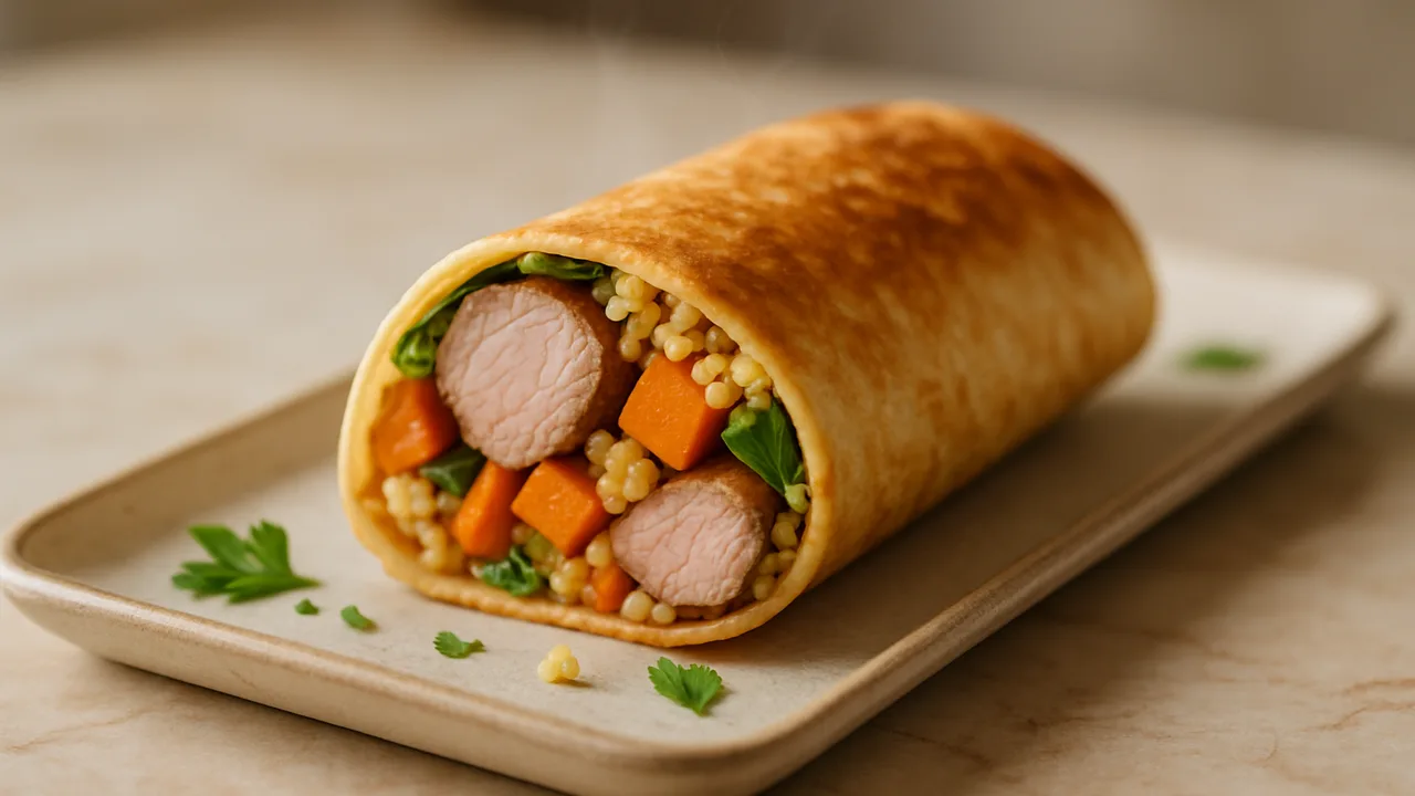 Schweinefilet Wrap mit Süßkartoffel und Couscous aus dem Airfryer mit Schweinefilet und Süßkartoffel, auf beigem Marmor …
