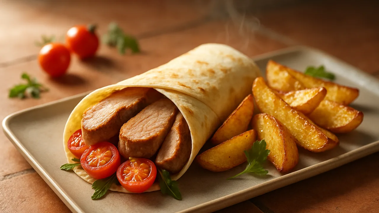 Schweinefilet Wrap mit Tomaten und Kartoffelspalten aus dem Airfryer mit Schweinefilet und Kartoffeln, auf …