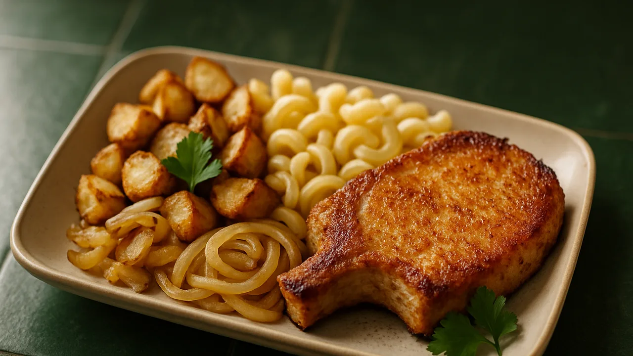Meal-Prep Schweinekotelett Bowl mit Nudeln und Topinambur aus dem Airfryer mit Schweinekotelett und Topinambur, auf …