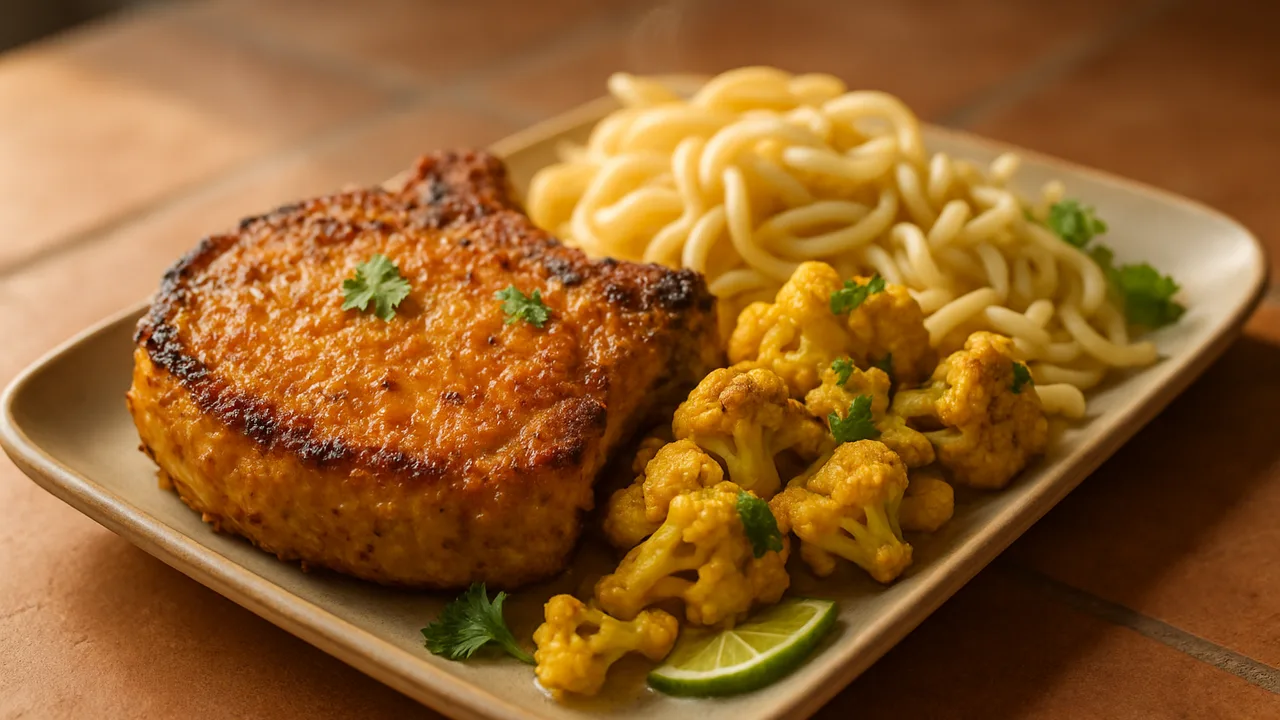 Schweinekotelett Curry mit Blumenkohl und Nudeln aus dem Airfryer mit Schweinekotelett und Blumenkohl, auf …