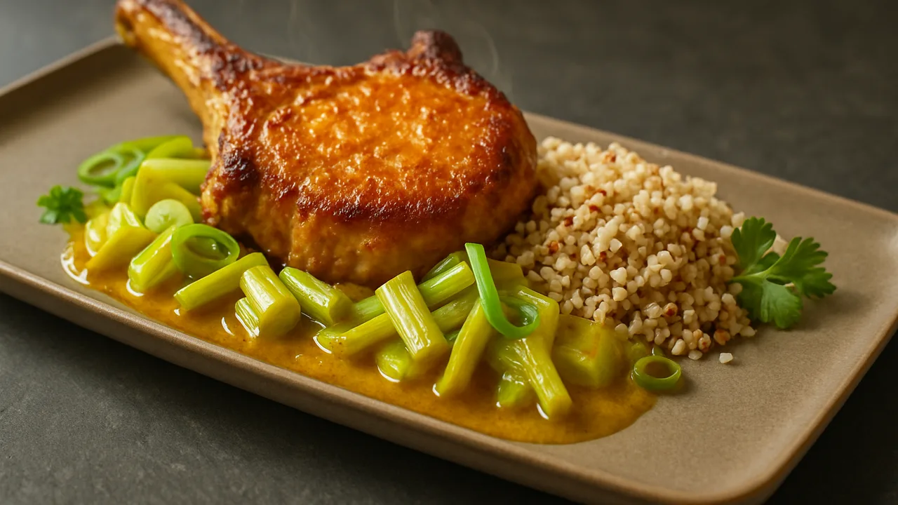 Schweinekotelett Curry mit Lauch und Quinoa aus dem Airfryer mit Schweinekotelette und Lauch, auf dunklem Schiefer …