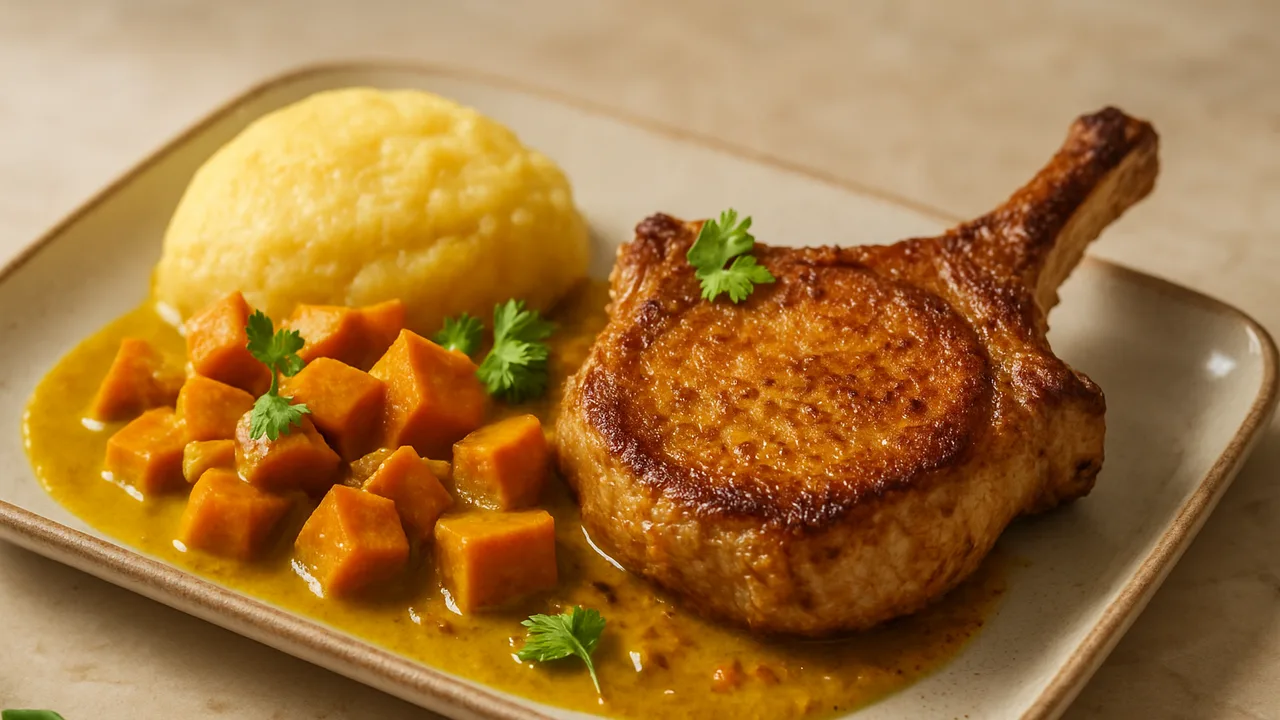 Schweinekotelett Curry mit Süßkartoffel und Polenta aus dem Airfryer mit Schweinekotelett und Süßkartoffel, auf beigem …