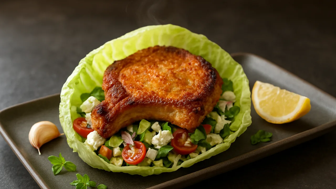Griechischer Schweinekotelett-Eisbergsalat Wrap aus dem Airfryer mit Schweinekotelett und Knoblauchzehen, auf dunklem …