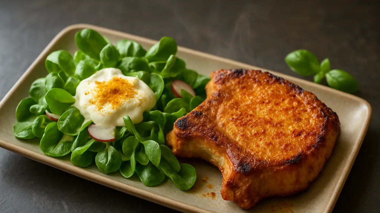 Sommerlich Schweinekotelett-Feldsalat-Schale aus dem Airfryer mit Schweinekotelett und Naturjoghurt, auf dunklem Schiefer …