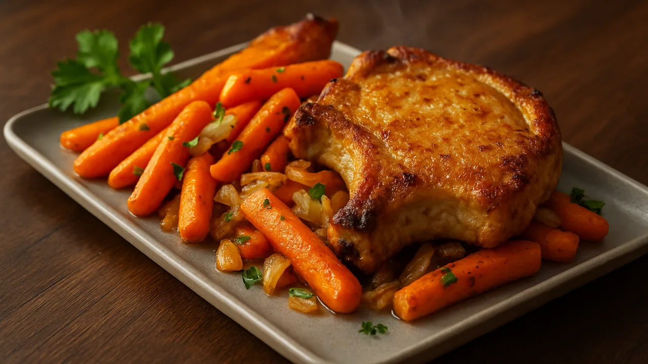 Schweinekotelett-Karotte-Pfanne aus dem Airfryer mit Schweinekoteletts und Karotten, auf dunklem Walnussholz angerichtet.