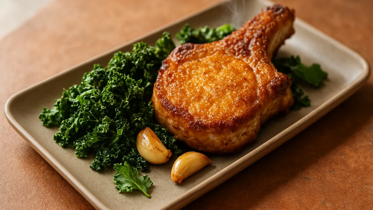 International Schweinekotelett mit Grünkohl aus dem Airfryer mit Schweinekotelett und Grünkohl, auf Terracotta-Fliesen …