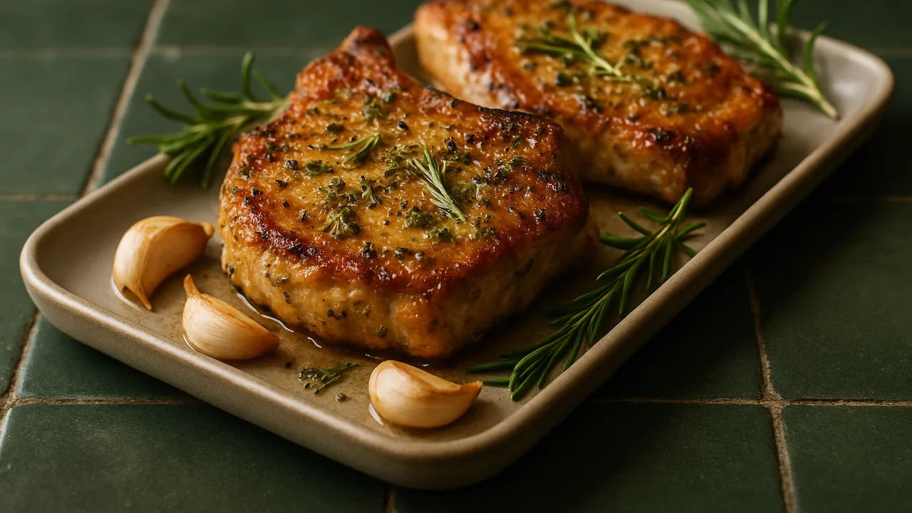 Schweinekotelett mit Knoblauch-Kräuter-Marinade aus dem Airfryer mit Schweinekoteletts und Knoblauchzehen, auf dunkelgrünen …