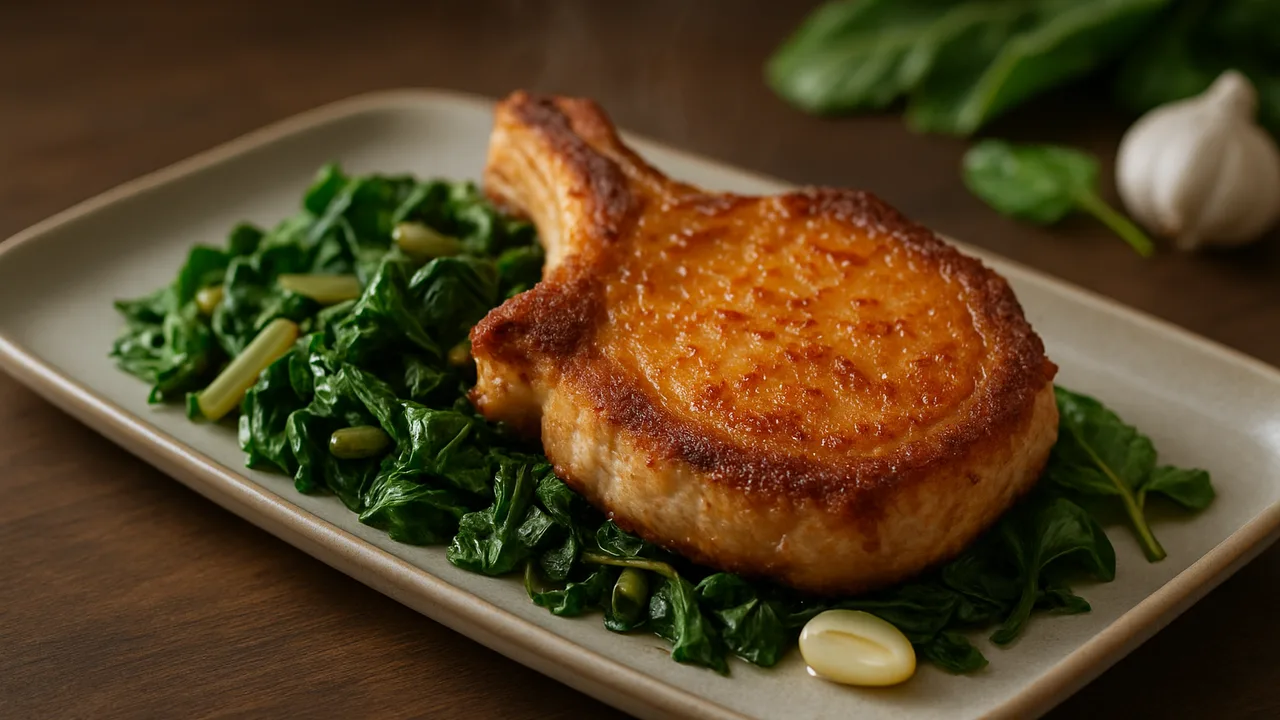 Klassisch deutsch Schweinekotelett mit Mangold aus dem Airfryer mit Schweinekotelett und Mangold, auf dunklem Walnussholz …
