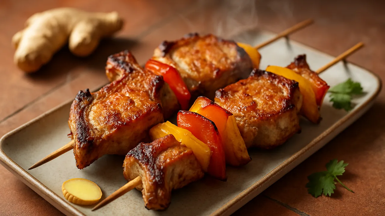 Schweinekotelett-Spieße mit Ingwer aus dem Airfryer mit Schweinekotelett und Ingwer, auf Terracotta-Fliesen angerichtet.