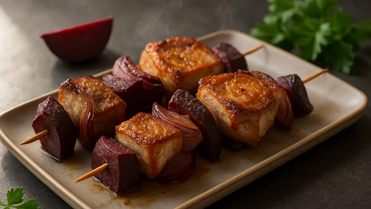 Schweinekotelett-Spieße mit Rote Bete aus dem Airfryer mit Schweinekotelett und Rote Bete, auf dunklem Schiefer angerichtet.
