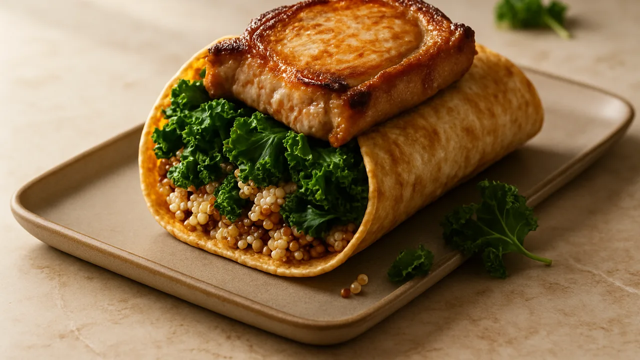 Schweinekotelett Wrap mit Grünkohl und Quinoa aus dem Airfryer mit Schweinekotelett und Grünkohl, auf beigem Marmor …