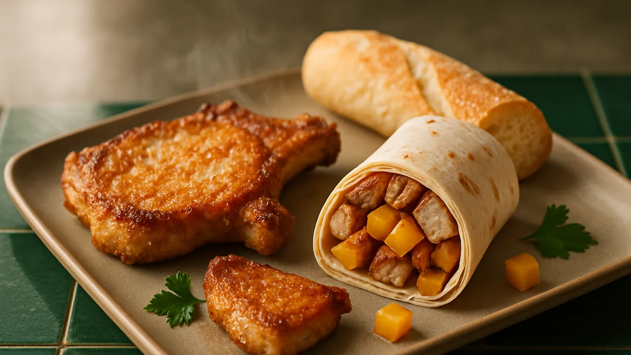 Schweinekotelett Wrap mit Steckrübe und Baguette aus dem Airfryer mit Schweinekoteletts und Steckrübe, auf dunkelgrünen …
