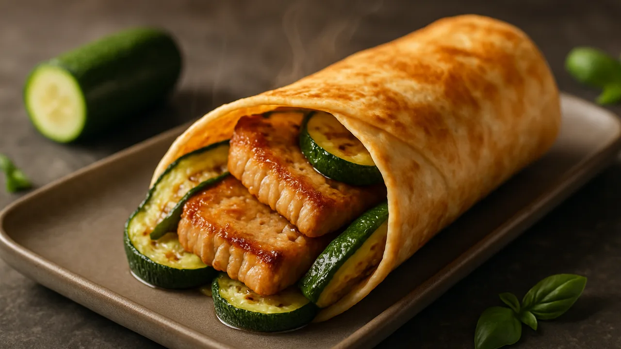 Schweinekotelett-Zucchini Wrap aus dem Airfryer mit Schweinekoteletts und Zucchini, auf dunklem Schiefer angerichtet.