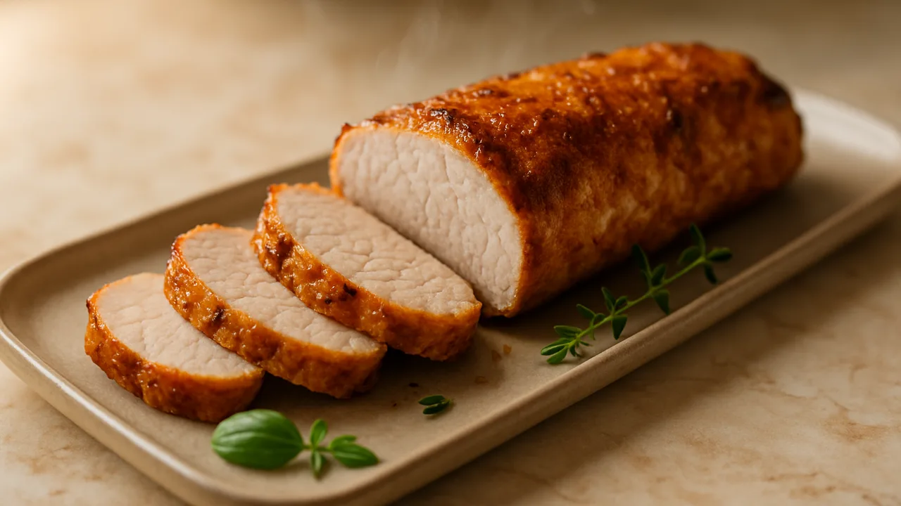 Schweinelende im Airfryer – zart und saftig mit Schweinefilet (Lende), auf beigem Marmor angerichtet.