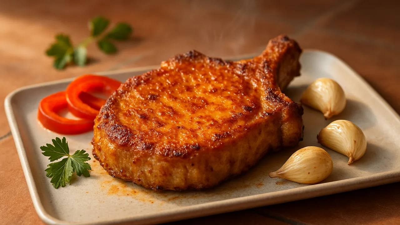 Schweinesteak mit Paprika-Marinade aus dem Airfryer mit Schweinekotelett und Knoblauchzehen, auf Terracotta-Fliesen …