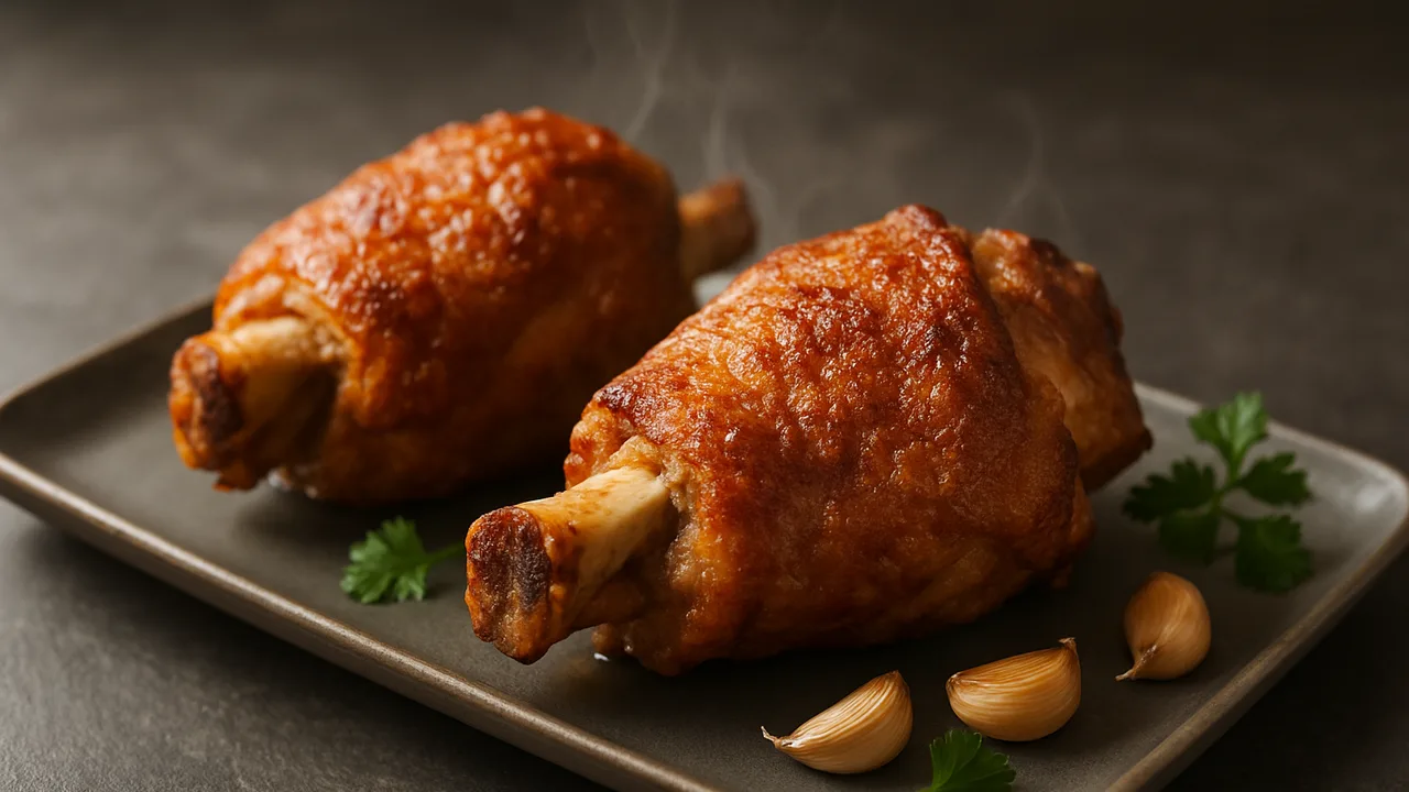 Schweinshaxe knusprig aus dem Airfryer mit Schweinshaxen und Knoblauchzehen, auf dunklem Schiefer angerichtet.