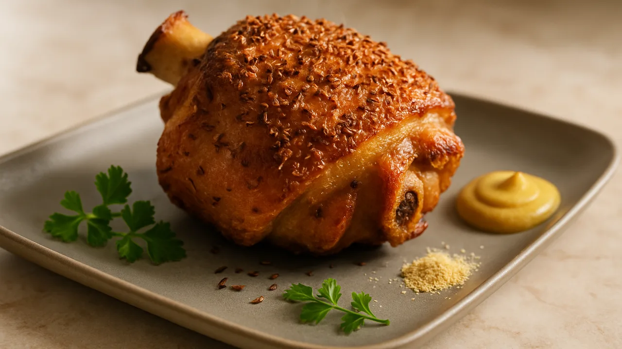 Schweinshaxe mit Kümmel-Kruste und Senf aus dem Airfryer mit Schweinshaxe und Senf, auf beigem Marmor angerichtet.