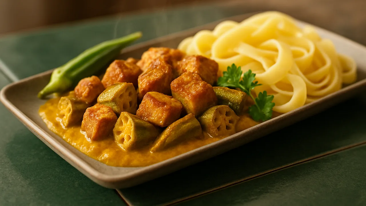 Seitan Curry mit Okra und Nudeln aus dem Airfryer mit Seitan und Okraschoten, auf dunkelgrünen Fliesen angerichtet.