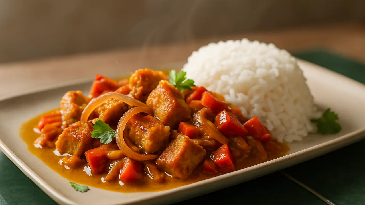 Seitan Curry mit Schalotte und Reis aus dem Airfryer mit Seitan und Schalotten, auf dunkelgrünen Fliesen angerichtet.
