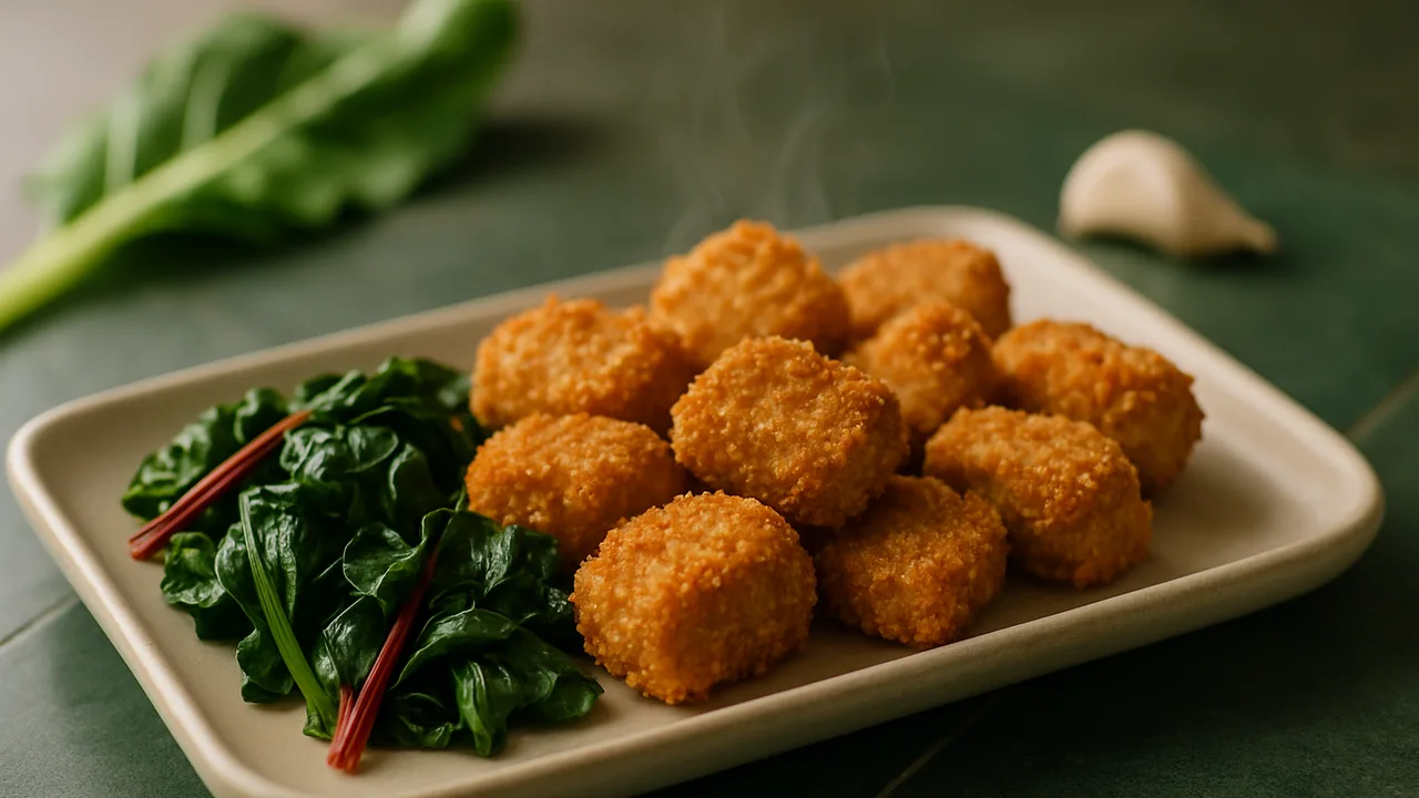 Seitan Nuggets mit Mangold aus dem Airfryer mit Seitan und Ei, auf dunkelgrünen Fliesen angerichtet.