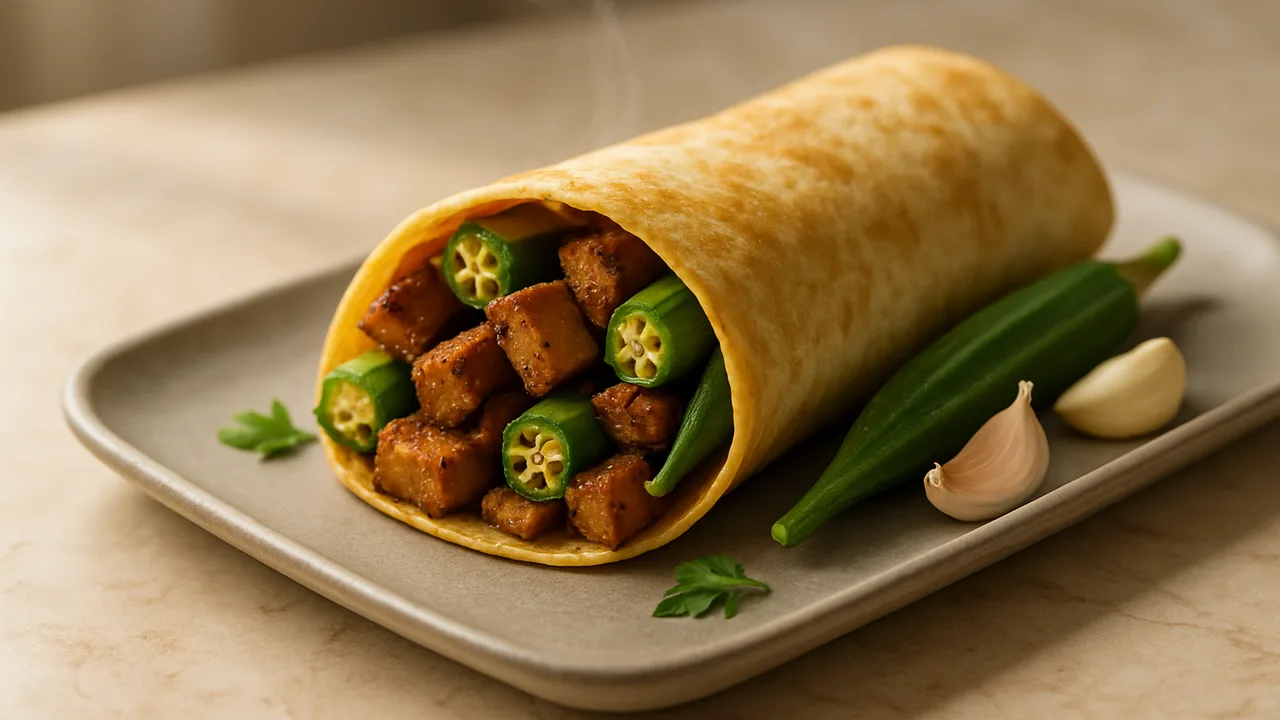 Seitan-Okra Wrap aus dem Airfryer mit Seitan und Okra, auf beigem Marmor angerichtet.