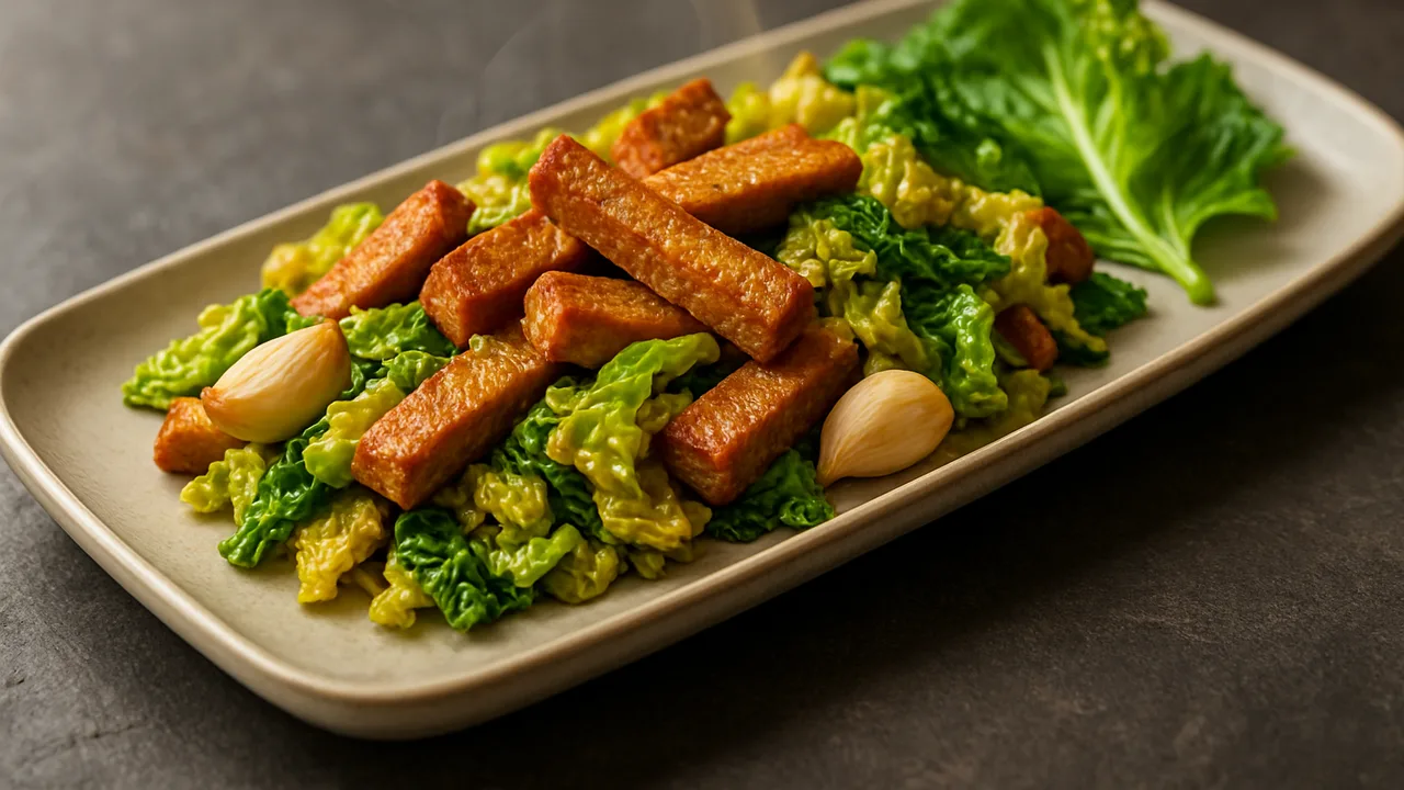Seitan-Wirsing-Pfanne aus dem Airfryer mit Seitan und Wirsing, auf dunklem Schiefer angerichtet.
