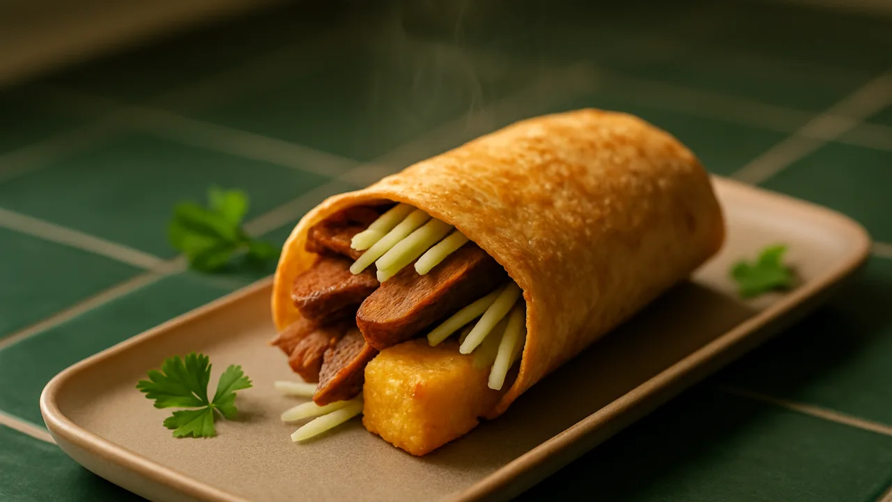 Seitan Wrap mit Kohlrabi und Polenta aus dem Airfryer mit Seitan und Kohlrabi, auf dunkelgrünen Fliesen angerichtet.