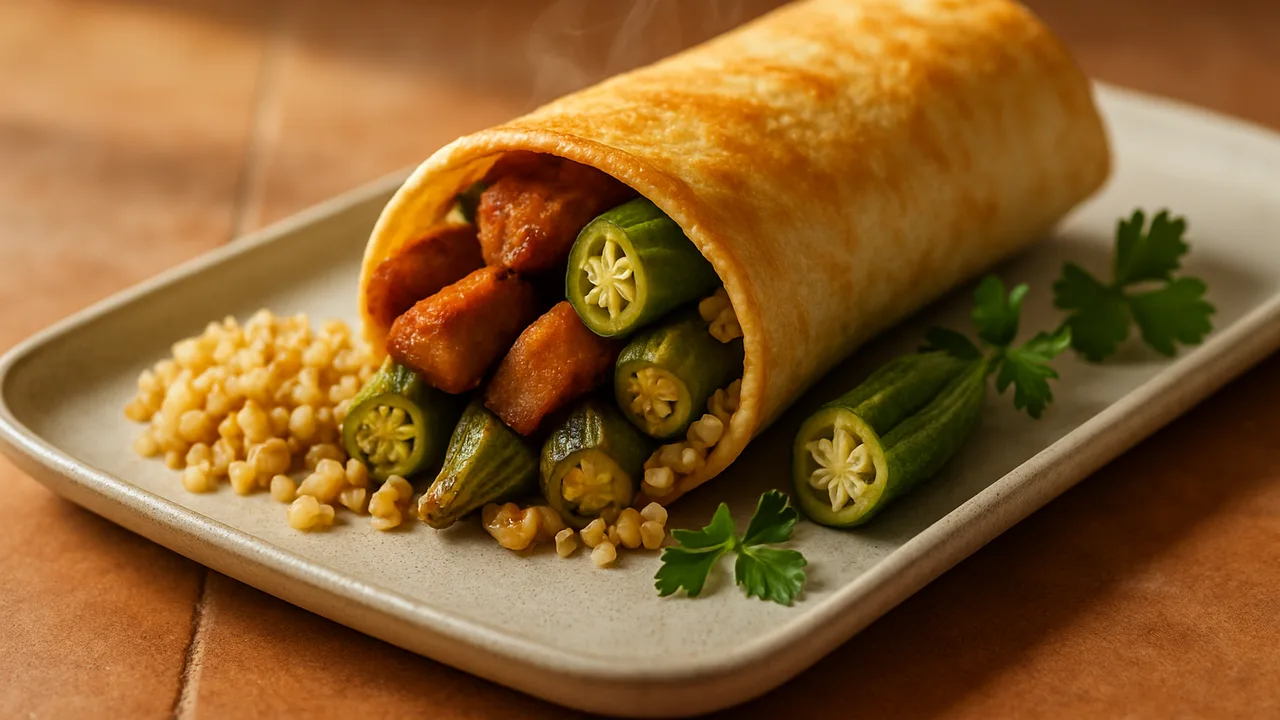 Seitan Wrap mit Okra und Bulgur aus dem Airfryer mit Seitan und Okra, auf Terracotta-Fliesen angerichtet.