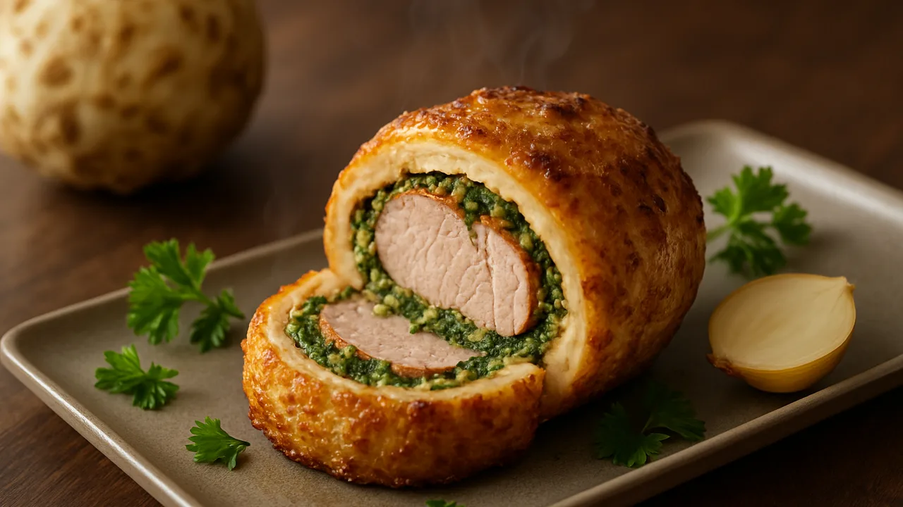 Sellerie gefüllt mit Schweinefilet und Kräutern aus dem Airfryer mit Sellerieknolle und Schweinefilet, auf dunklem …
