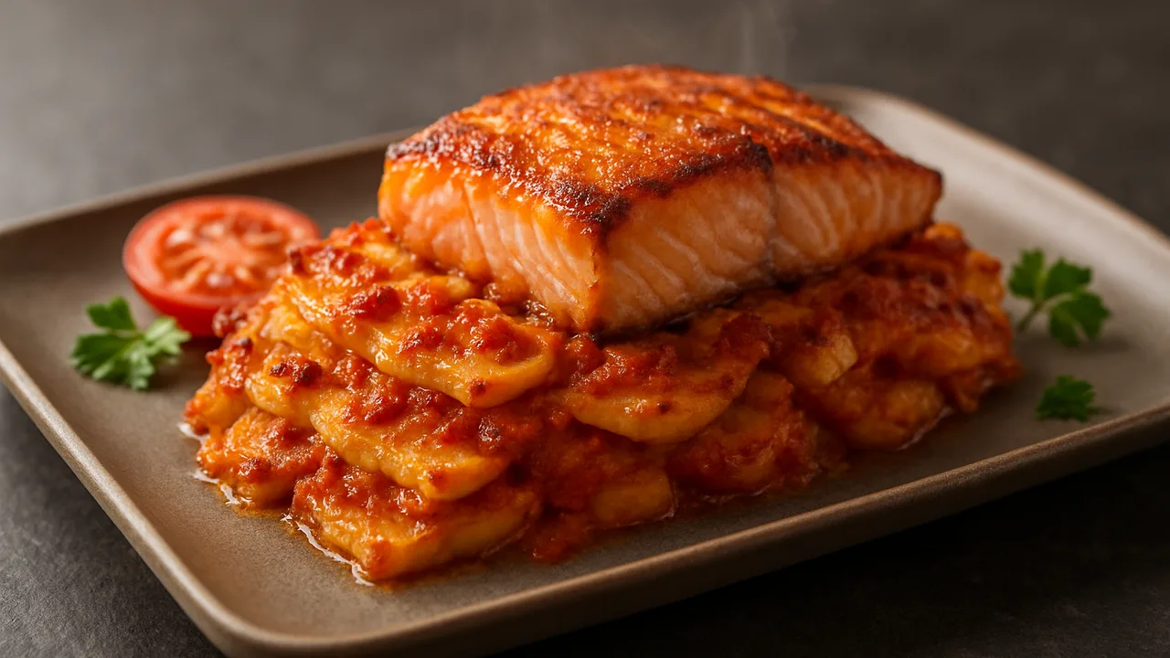 Sellerie-Lachs-Auflauf aus dem Airfryer mit Lachsfilet und Knollensellerie, auf dunklem Schiefer angerichtet.