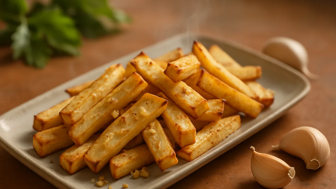 Sellerie-Pommes mit Knoblauch aus dem Airfryer mit Knollensellerie und Knoblauchzehen, auf Terracotta-Fliesen angerichtet.