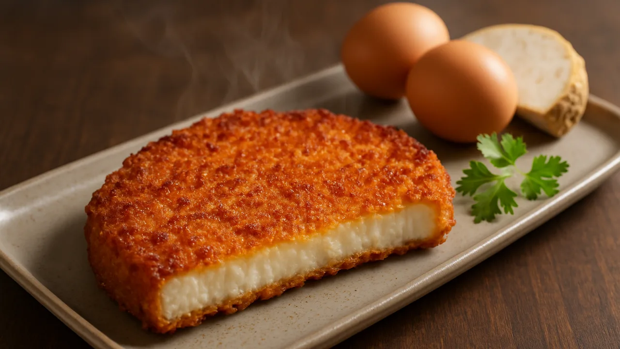 Sellerieschnitzel vegetarisch mit Paprika-Panade aus dem Airfryer mit Knollensellerie und Eier, auf dunklem Walnussholz …
