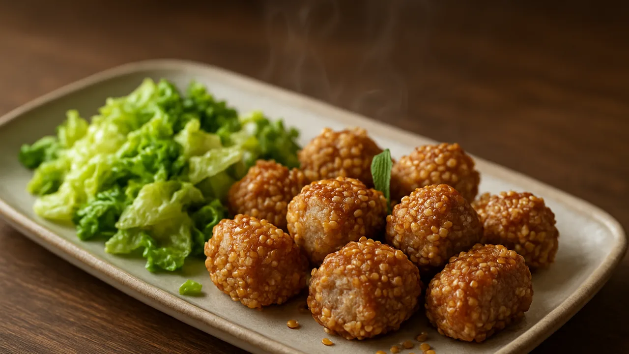 Sesam-Bratwurst Nuggets mit Wirsing aus dem Airfryer mit Bratwurst und Sesam, auf dunklem Walnussholz angerichtet.