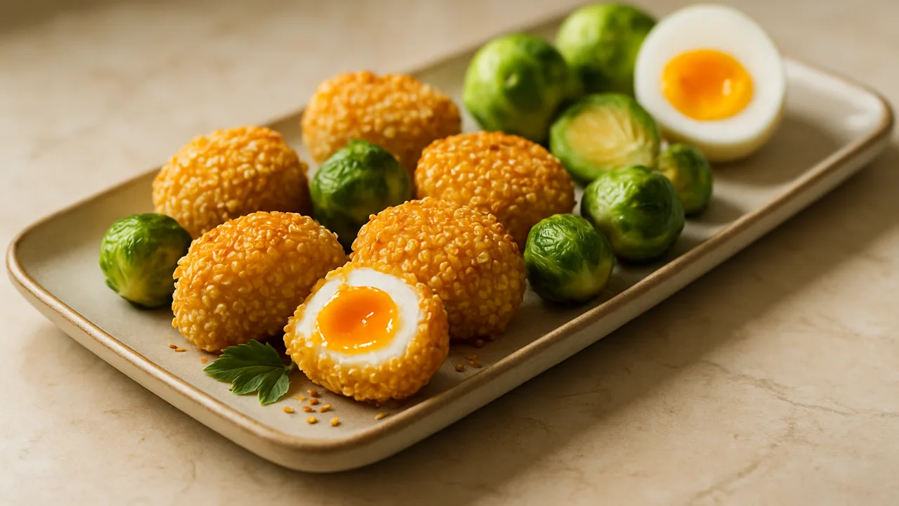 Sesam-Ei Nuggets mit Rosenkohl aus dem Airfryer mit Eier und Ei, auf beigem Marmor angerichtet.