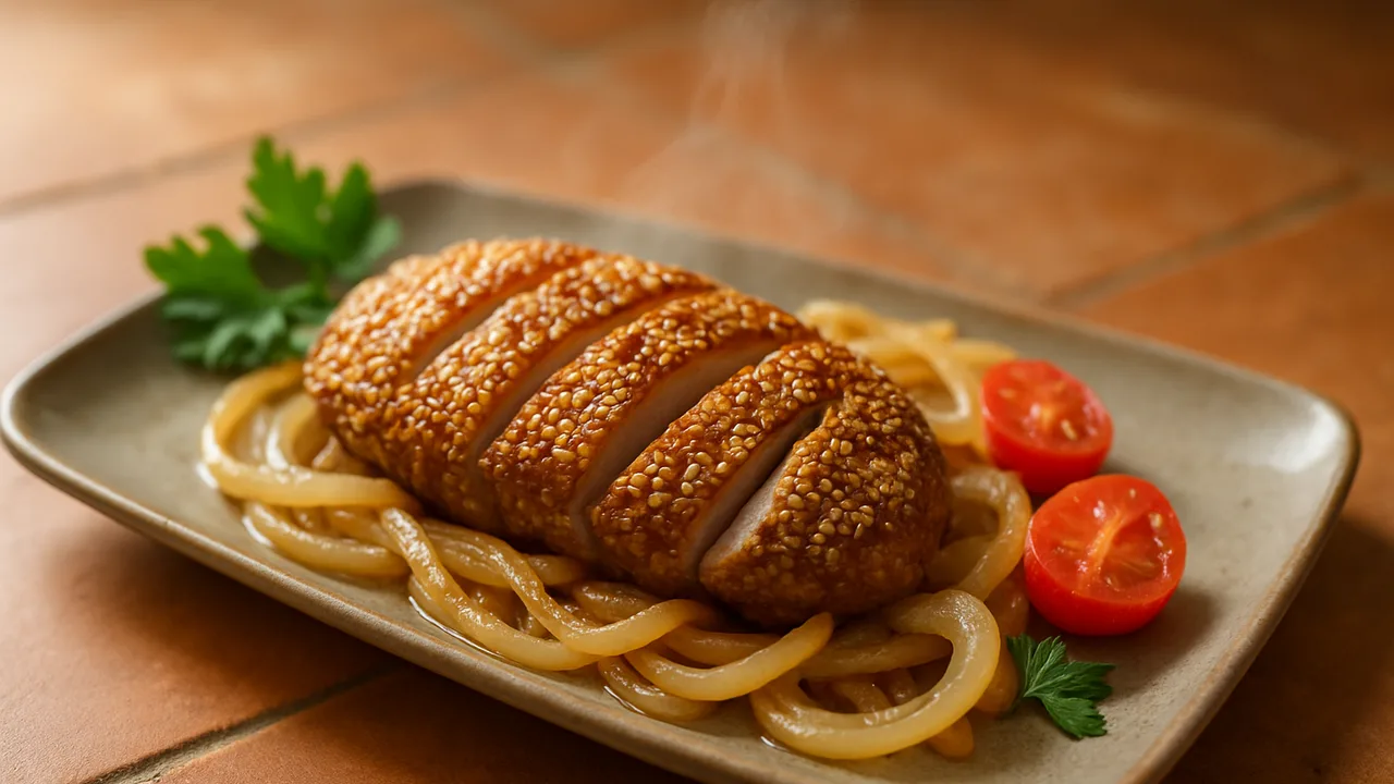 Sesam-Entenbrust mit Zwiebel aus dem Airfryer mit Entenbrust und Zwiebeln, auf Terracotta-Fliesen angerichtet.