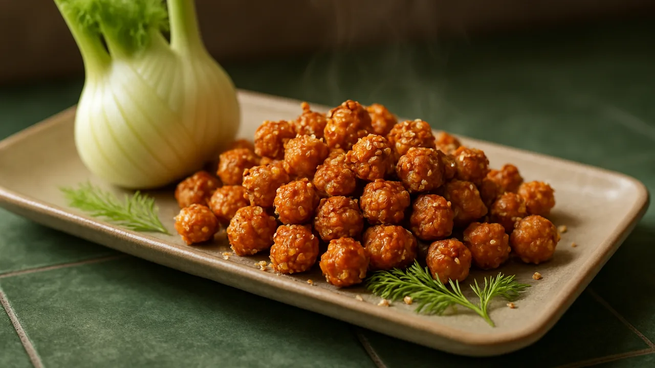 Sesam-Fenchel-Kichererbsen-Röstchen aus dem Airfryer mit Fenchelknolle und Kichererbsen, auf dunkelgrünen Fliesen …