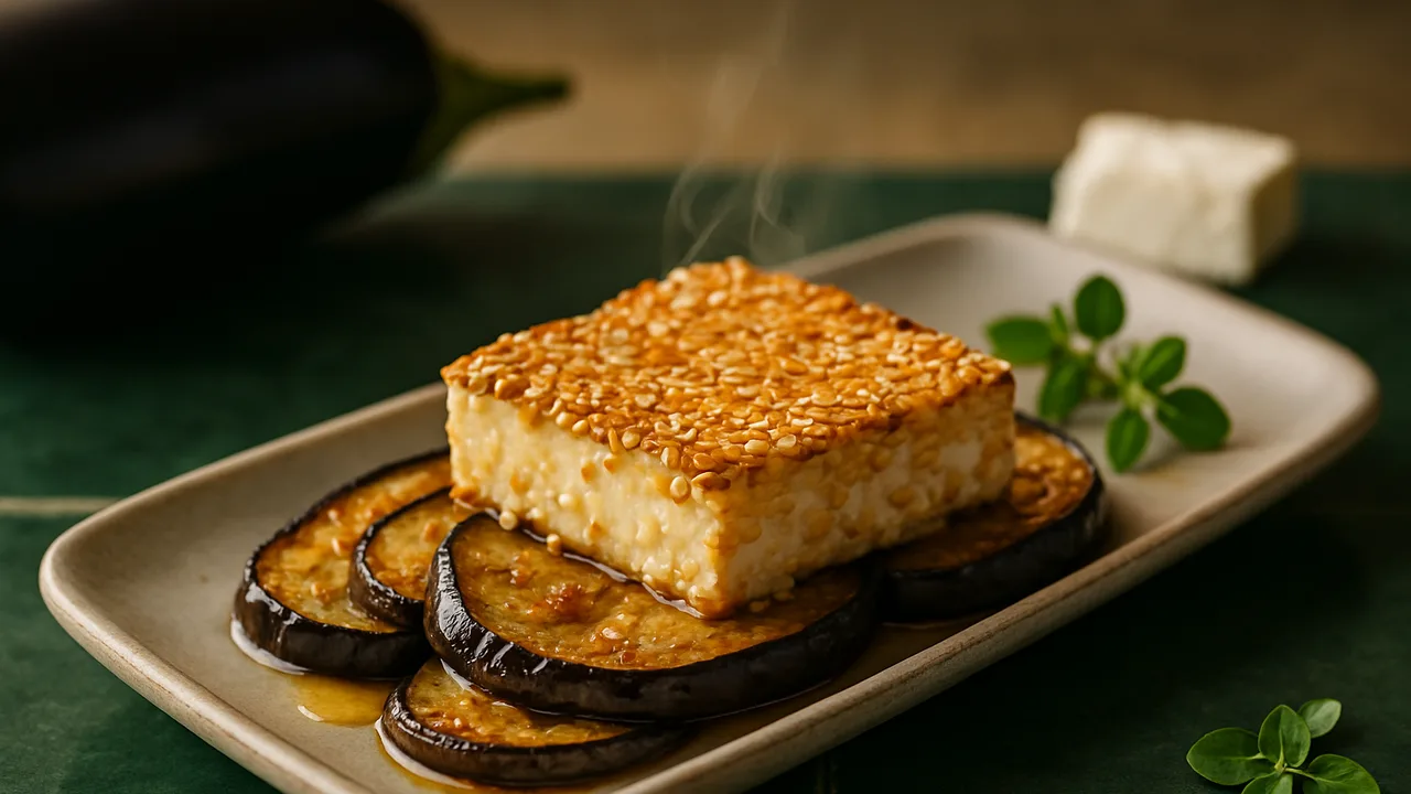 Sesam-Feta mit Aubergine aus dem Airfryer mit Aubergine und Feta, auf dunkelgrünen Fliesen angerichtet.