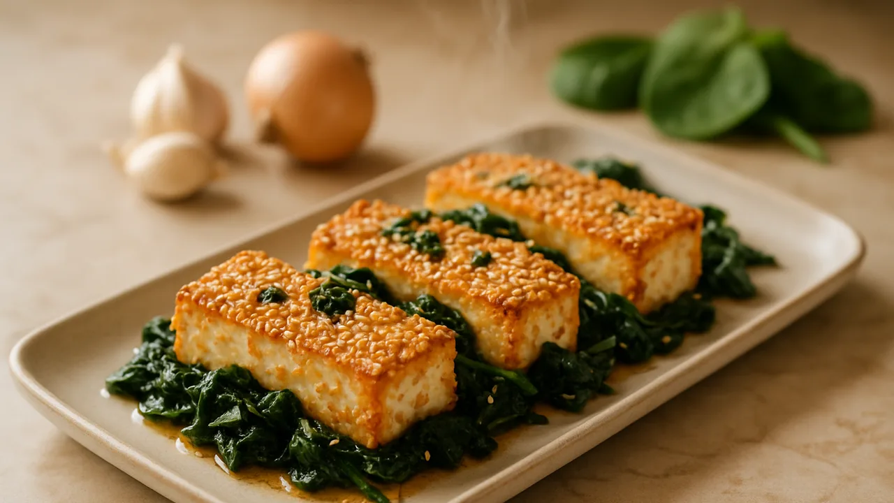 Sesam-Feta mit Spinat aus dem Airfryer mit Fester Tofu und Knoblauchzehen, auf beigem Marmor angerichtet.