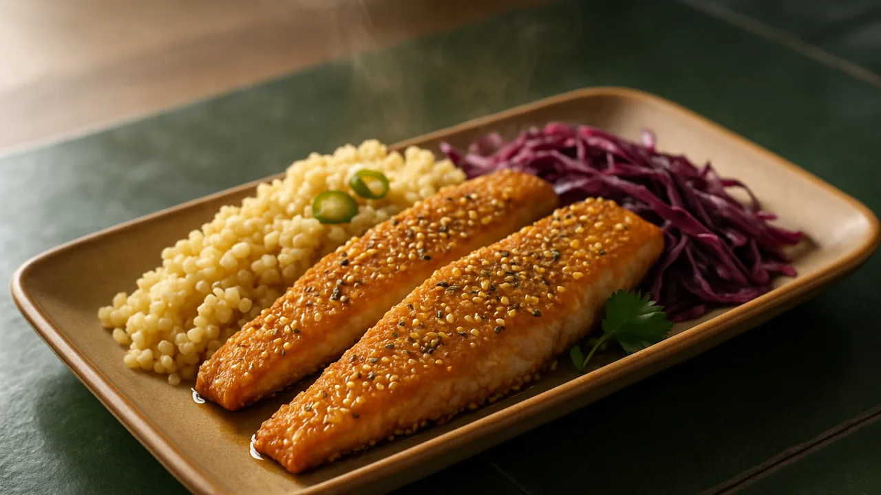 Sesam-Forelle Bowl mit Hirse und Rotkohl aus dem Airfryer mit Forellenfilets und Sesam, auf dunkelgrünen Fliesen angerichtet.