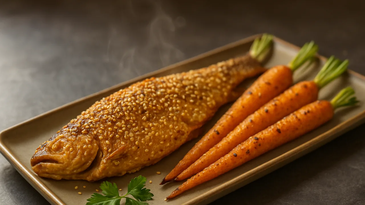 Sesam-Forelle mit Karotte im BBQ-Style aus dem Airfryer mit Forelle und Karotten, auf dunklem Schiefer angerichtet.