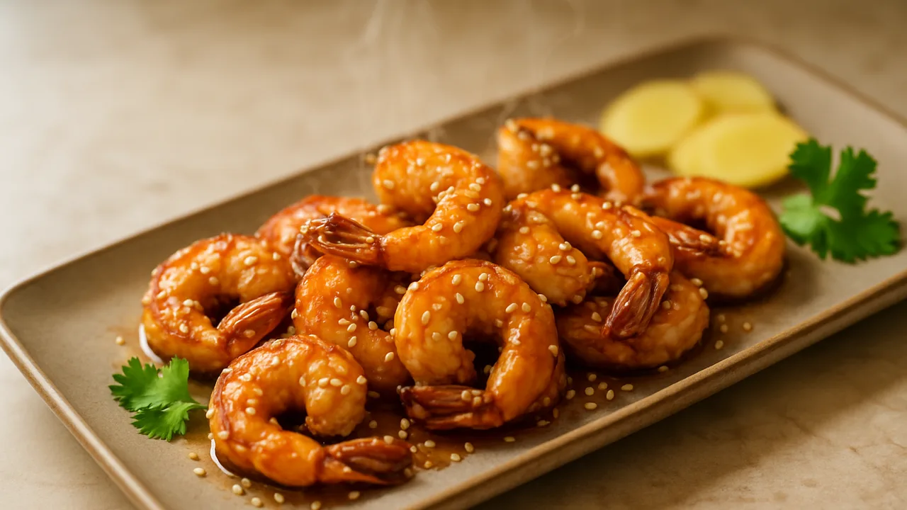 Sesam-Garnelen-Ingwer-Schale aus dem Airfryer mit Garnelen und Sesamöl, auf beigem Marmor angerichtet.