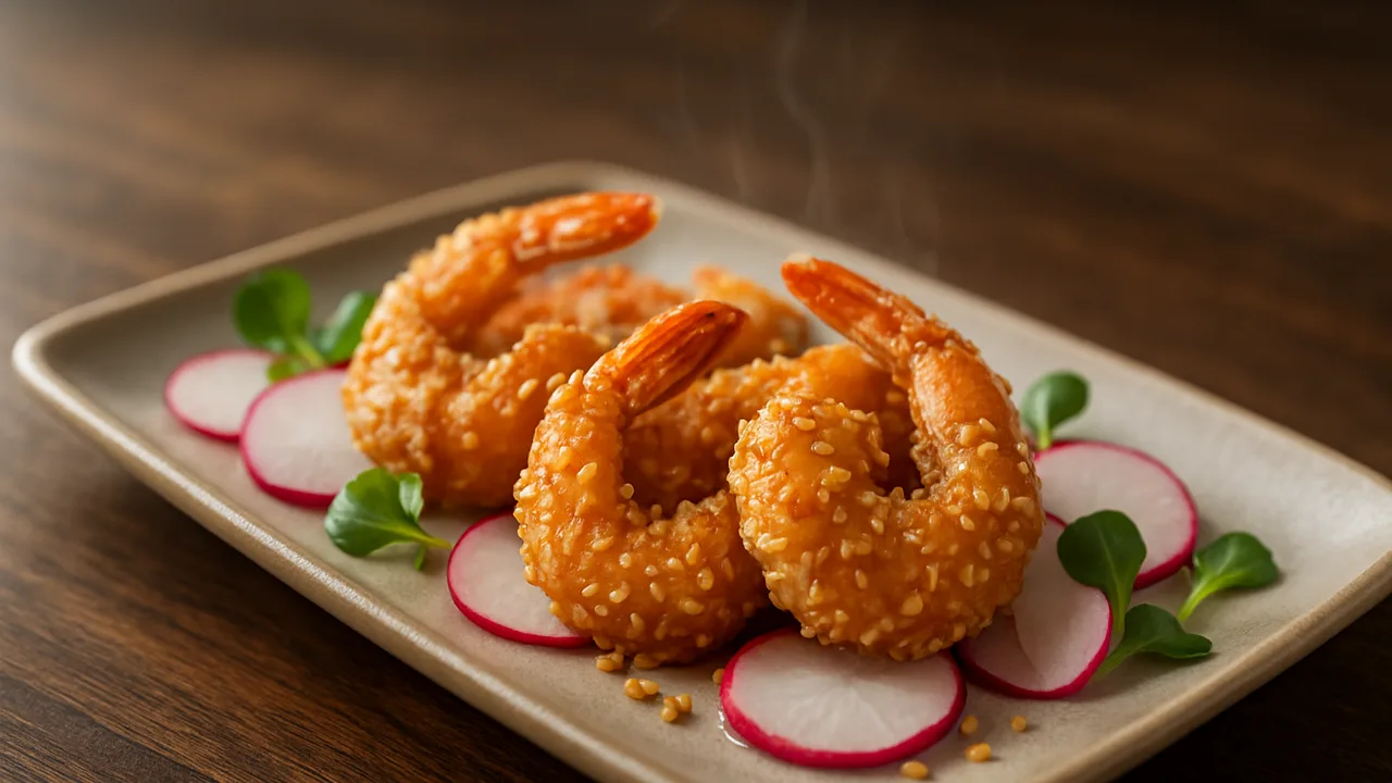Sesam-Garnelen mit Radieschen aus dem Airfryer mit Garnelen und Sesam, auf dunklem Walnussholz angerichtet.