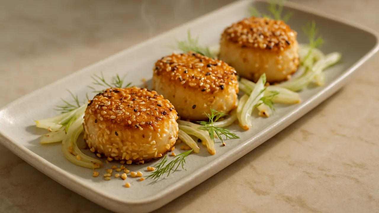 Sesam-Jakobsmuscheln mit Fenchel aus dem Airfryer mit Jakobsmuscheln und Fenchel, auf beigem Marmor angerichtet.