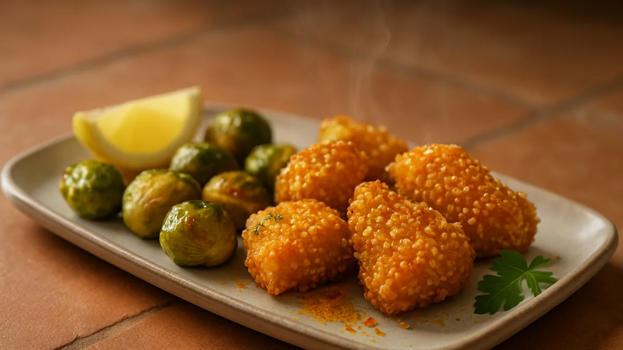 Sesam-Kabeljau Nuggets mit Rosenkohl aus dem Airfryer mit Kabeljaufilet und Ei, auf Terracotta-Fliesen angerichtet.