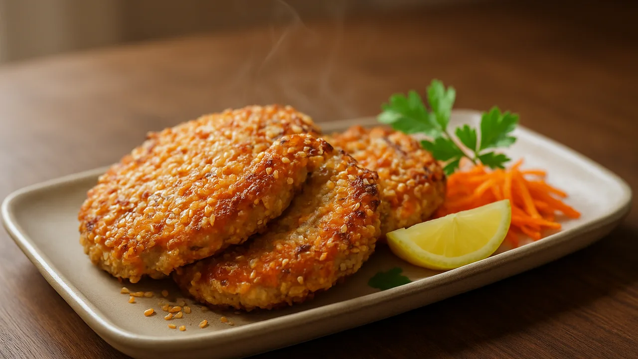 Sesam-Karotte-Thunfisch-Röstchen aus dem Airfryer mit Thunfisch und Karotte, auf dunklem Walnussholz angerichtet.