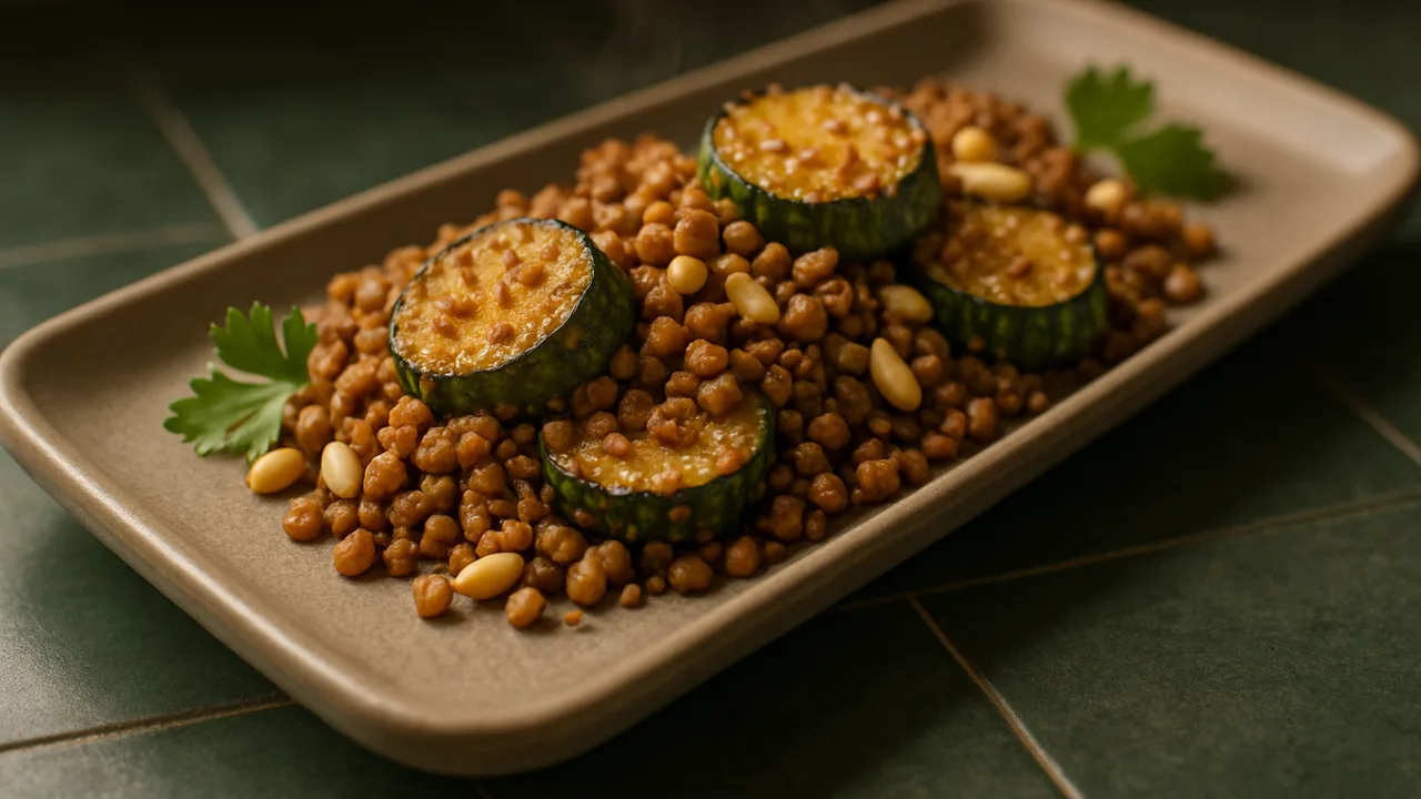 Sesam-Linsen-Gurke mit Pinienkernen aus dem Airfryer mit Linsen und Gurke, auf dunkelgrünen Fliesen angerichtet.