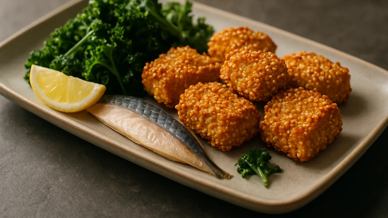 Sesam-Makrele Nuggets mit Grünkohl aus dem Airfryer mit Makrelenfilet und Sesam, auf dunklem Schiefer angerichtet.