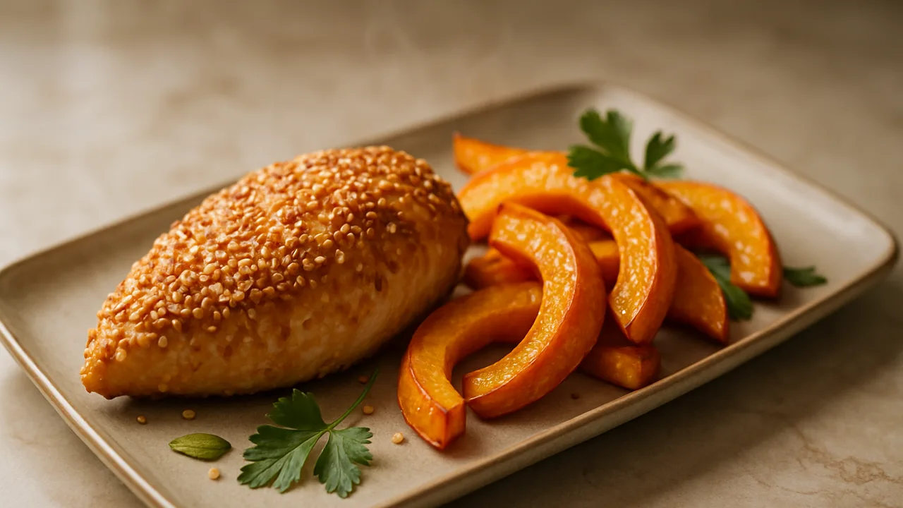 Sesam-Putenbrust mit Kürbis aus dem Airfryer mit Putenbrust und Hokkaido-Kürbis, auf beigem Marmor angerichtet.